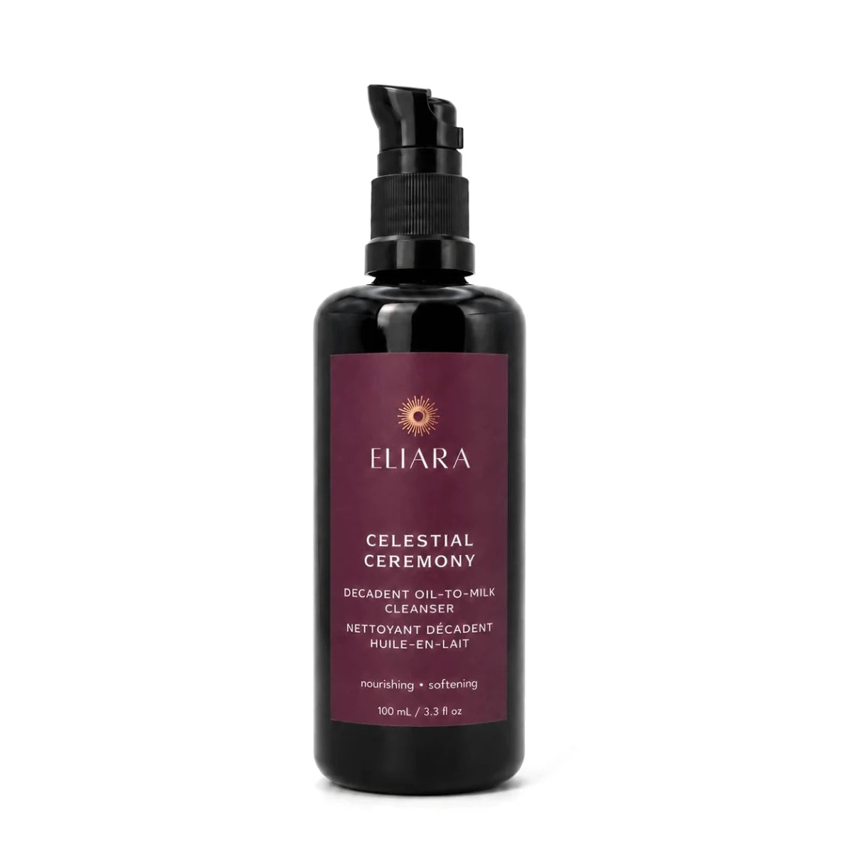 A black pump bottle of Eliara Cleanser with a dark burgundy label, photographed on a clean white background.