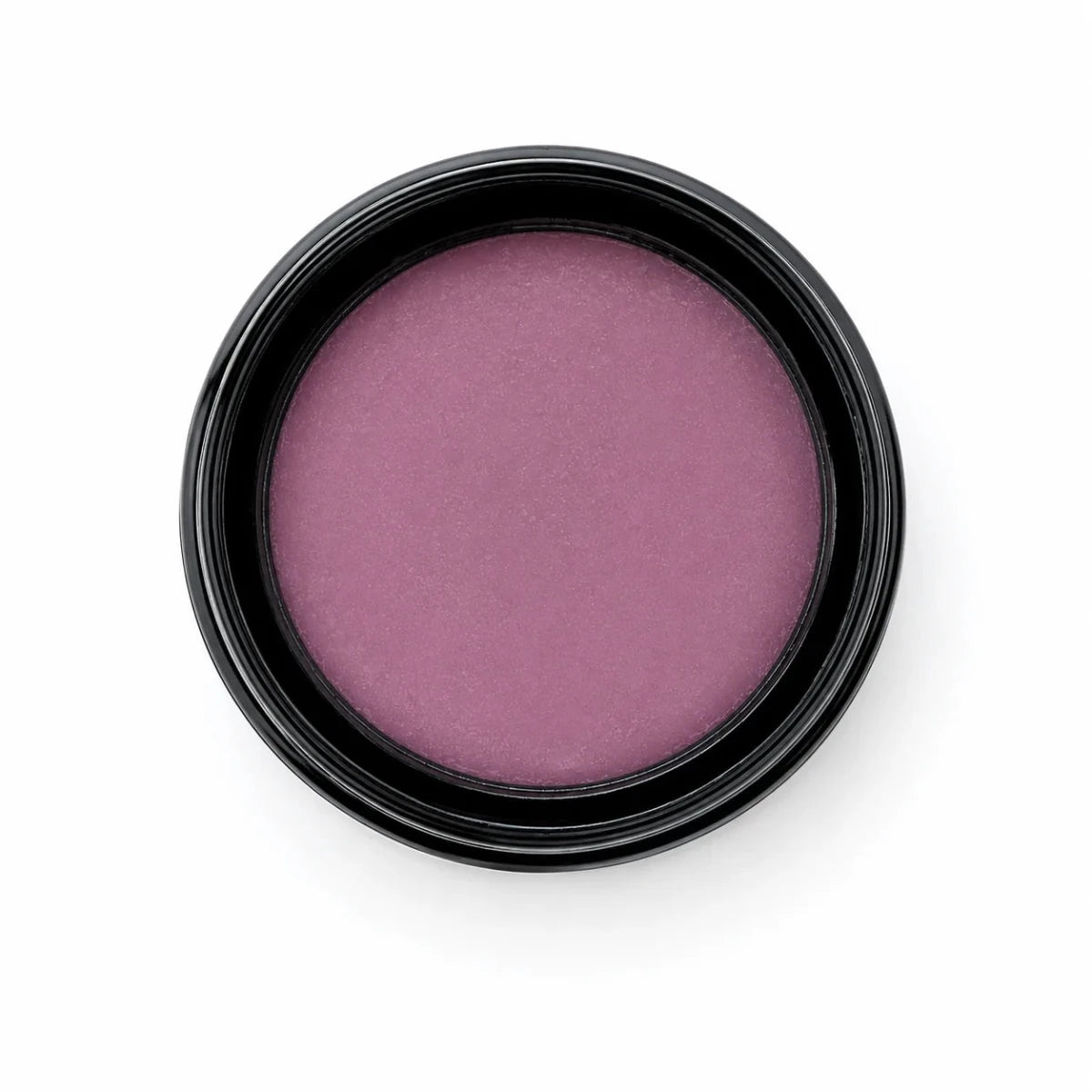A single round makeup pan containing a shimmery mauve-purple cream product, set in a black plastic container against a solid white background.