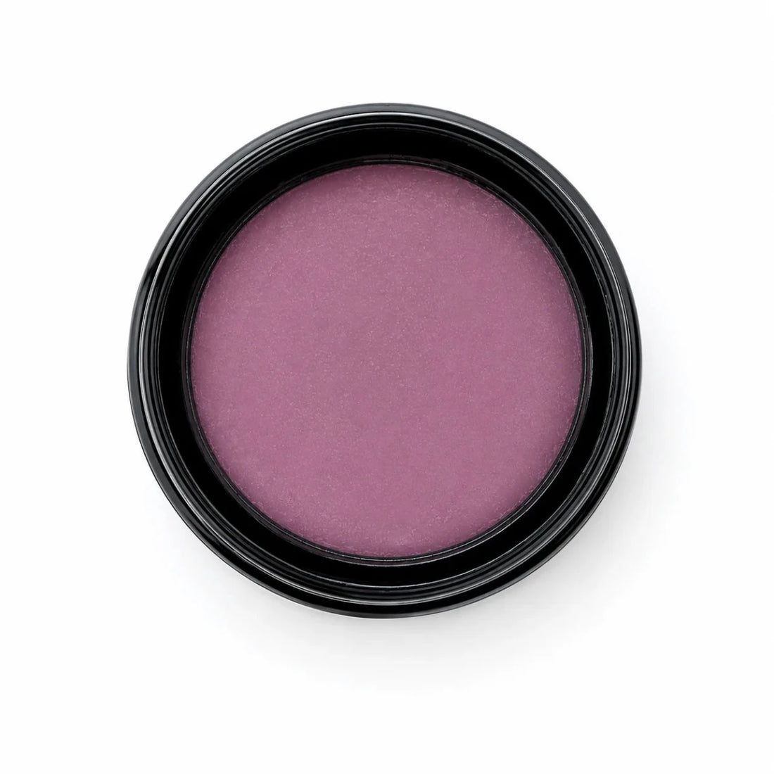 A single round makeup pan containing a shimmery mauve-purple cream product, set in a black plastic container against a solid white background.