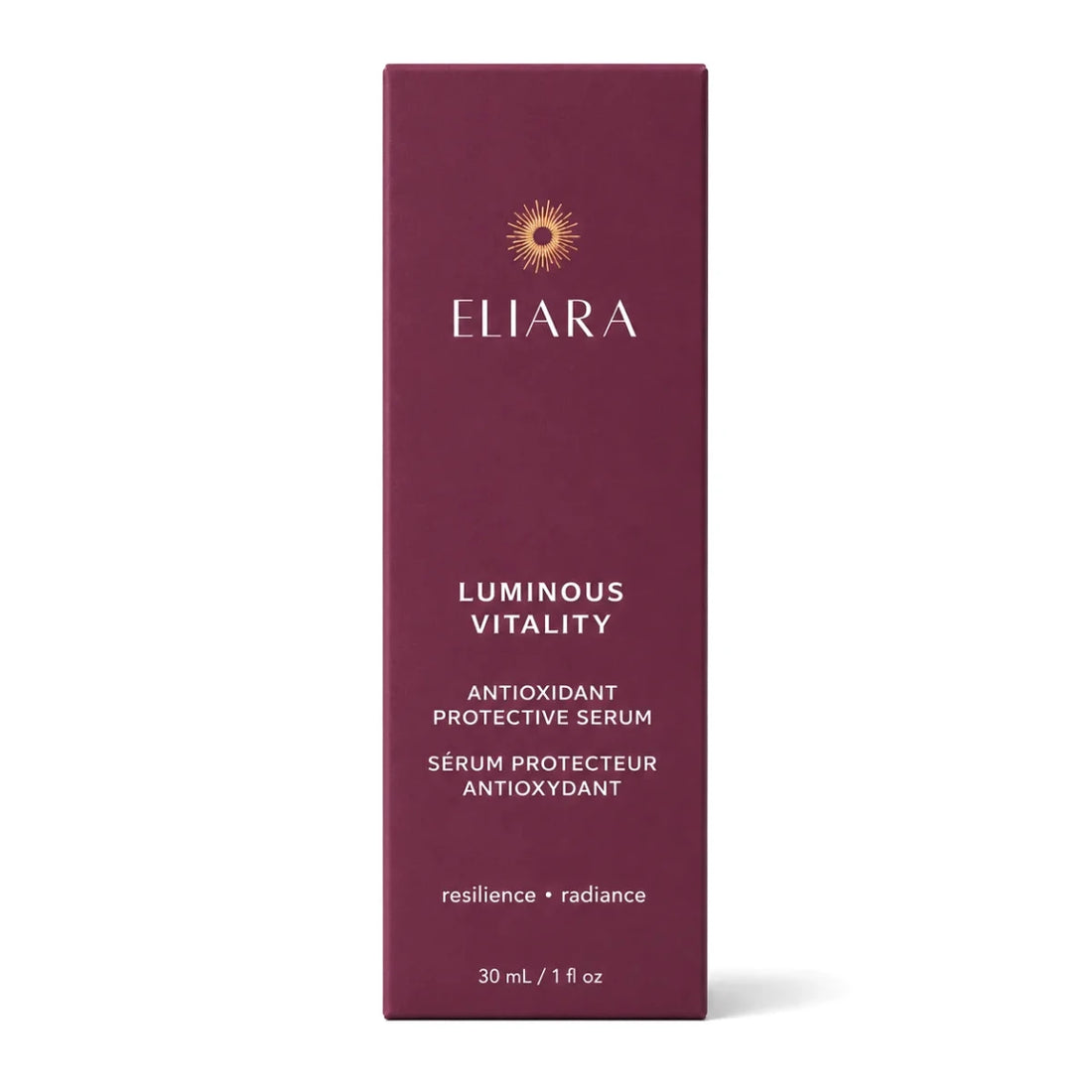 A tall, rectangular box of Eliara Luminous Vitality antioxidant protective serum, featuring a deep burgundy cover with white text and a small gold sunburst logo, set against a plain white background.