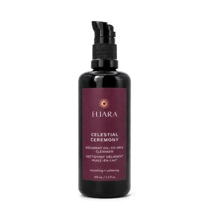 A black pump bottle of Eliara Cleanser with a dark burgundy label, photographed on a clean white background.