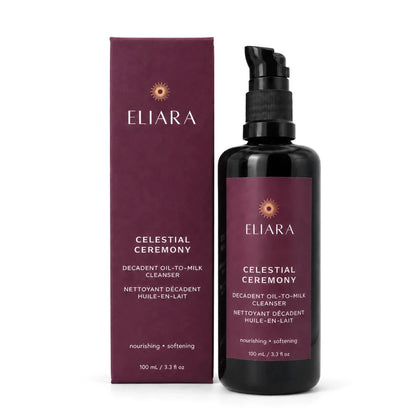 Eliara Celestial Ceremony Decadent Oil-to-Milk Cleanser shown as a dark amber pump bottle next to its matching dark purple box on a white background.