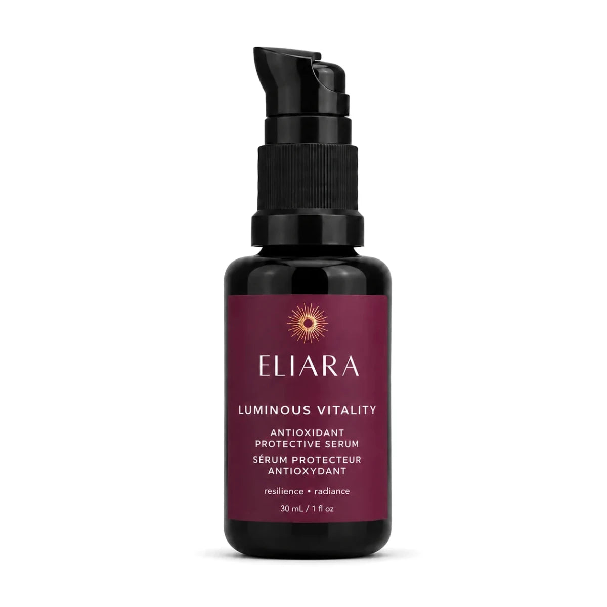 A 30 mL pump bottle of Eliara Luminous Vitality antioxidant protective serum, featuring a dark amber glass bottle, black pump dispenser, and a deep burgundy label with gold and white text.