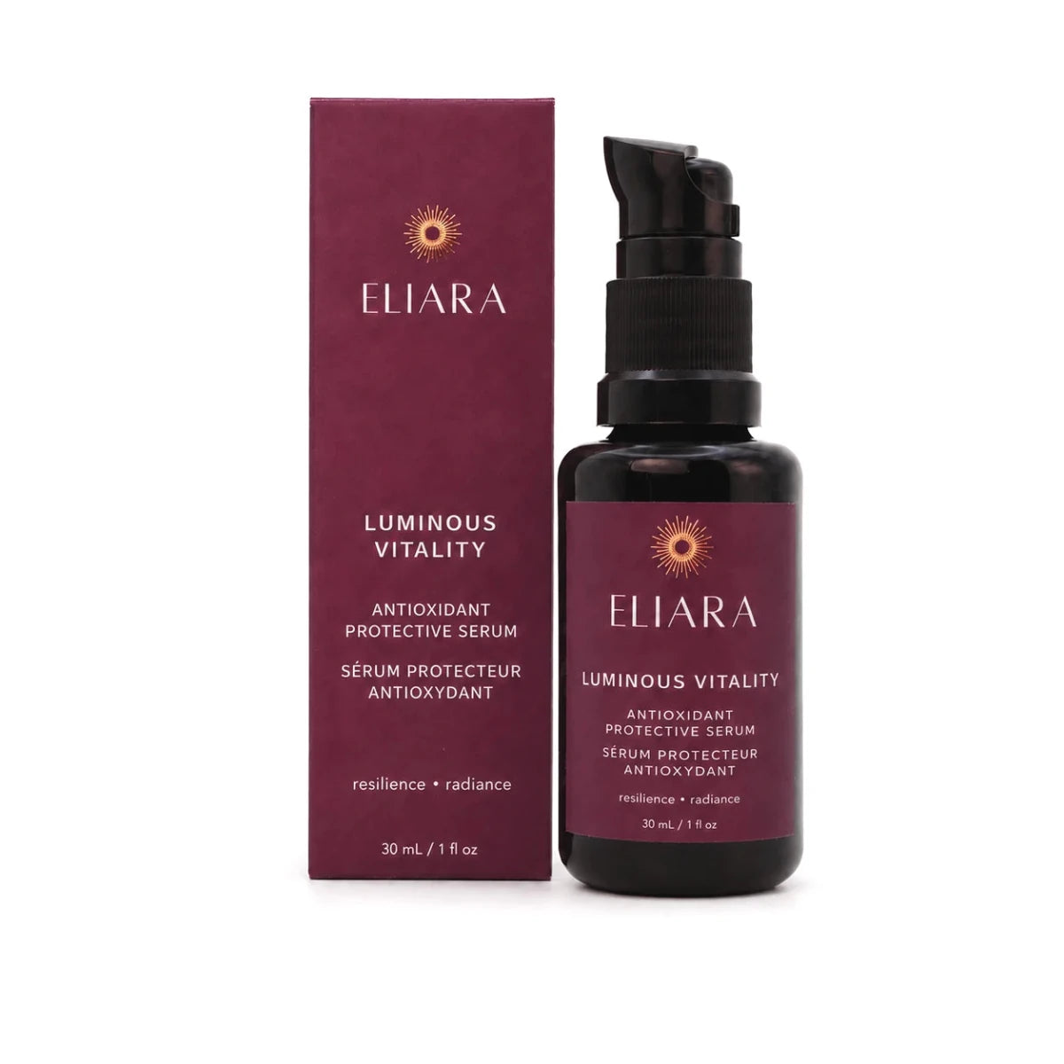 Eliara Luminous Vitality antioxidant protective serum in a dark amber bottle with a black pump, shown next to its matching deep burgundy box on a white background.