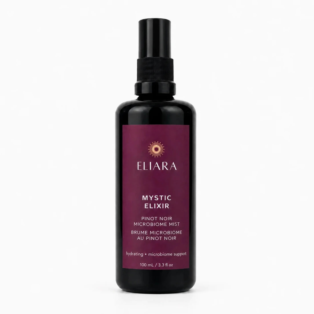 A 100 ml black spray bottle of Eliara Mystic Elixir Pinot Noir microbiome mist, featuring a deep burgundy label with gold and white text, set against a clean white background.