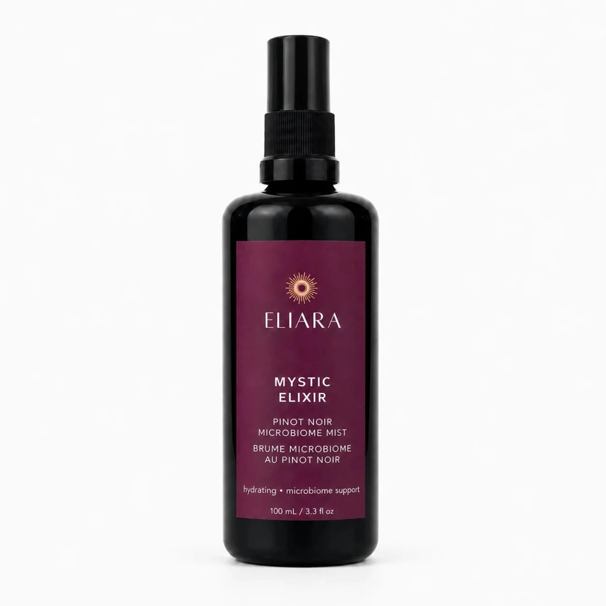 A 100 ml black spray bottle of Eliara Mystic Elixir Pinot Noir microbiome mist, featuring a deep burgundy label with gold and white text, set against a clean white background.