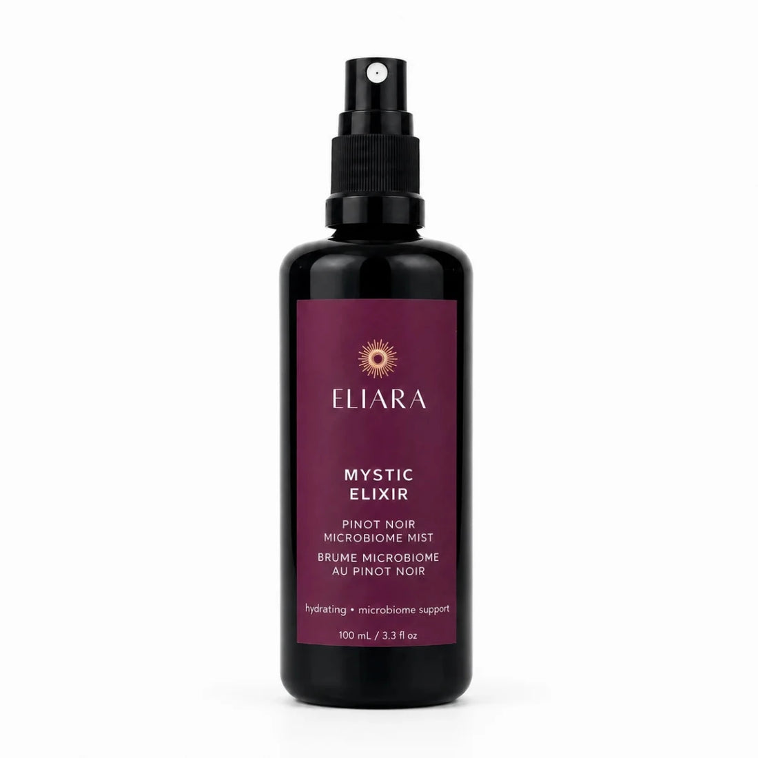 A 100 mL black spray bottle of Eliara Mystic Elixir Pinot Noir Microbiome Mist, featuring a deep burgundy label with gold and white text, set against a plain white background.